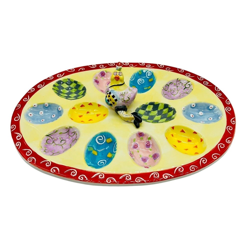 Ganz Deviled Egg Platter Fancy Chicken Reclining Ceramic Easter Geometric Print